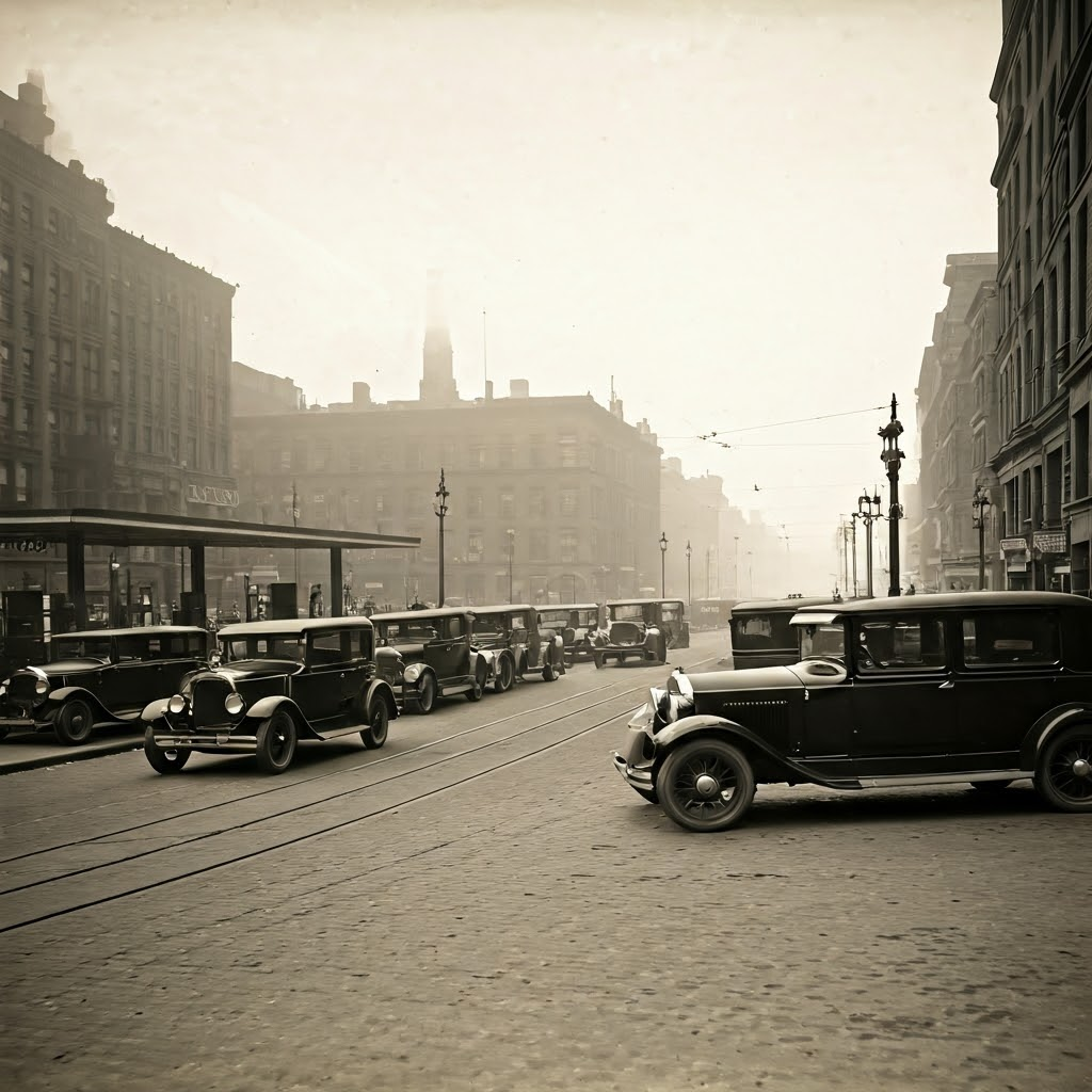 1920s filling station packed with gasoline cars while one lonely electric sits ignored