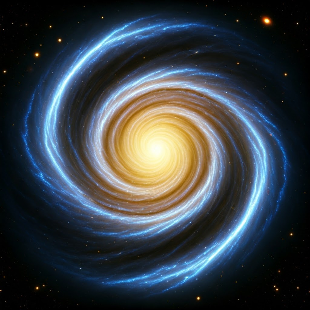 Colorful spiral galaxy with glowing arms and a bright yellow core floating in deep space