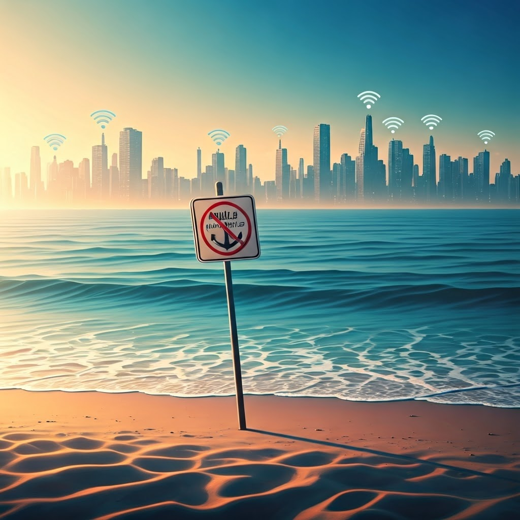 Morning beach with a “Cable in vicinity—no anchoring” sign, gentle waves, and a distant city skyline.