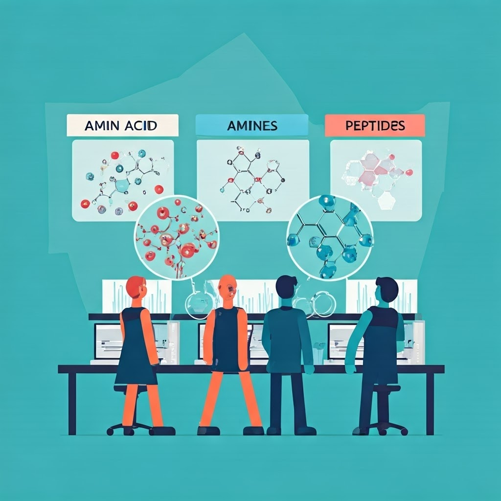 Infographic showing neurotransmitter families grouped as Amino Acids, Amines, and Peptides