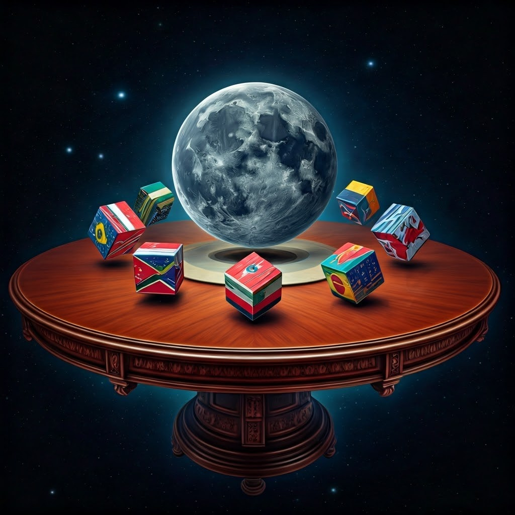 Scholars discuss spinning cubes of national flags around a lunar model at a floating table