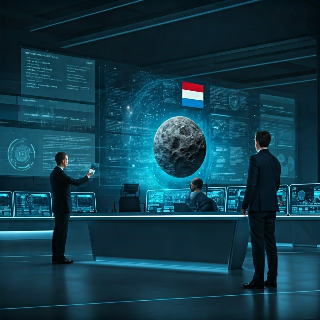 Executives and engineers review holographic asteroid models inside a sleek command center