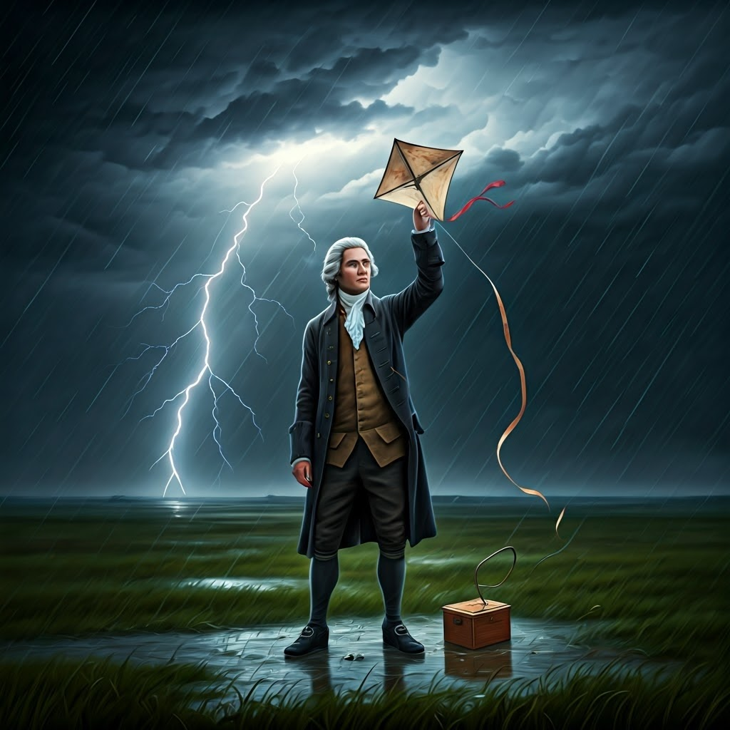 Eighteenth-century experimenter stands in storm holding kite and metal key, capturing lightning to test its link to electricity.