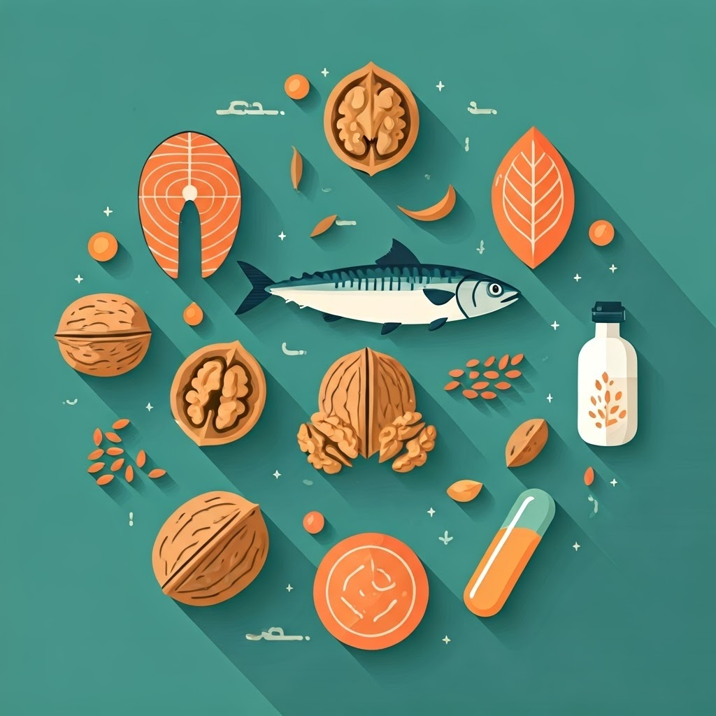 Circular mosaic of salmon, sardines, walnuts, flaxseeds, chia, and a microalgae capsule.