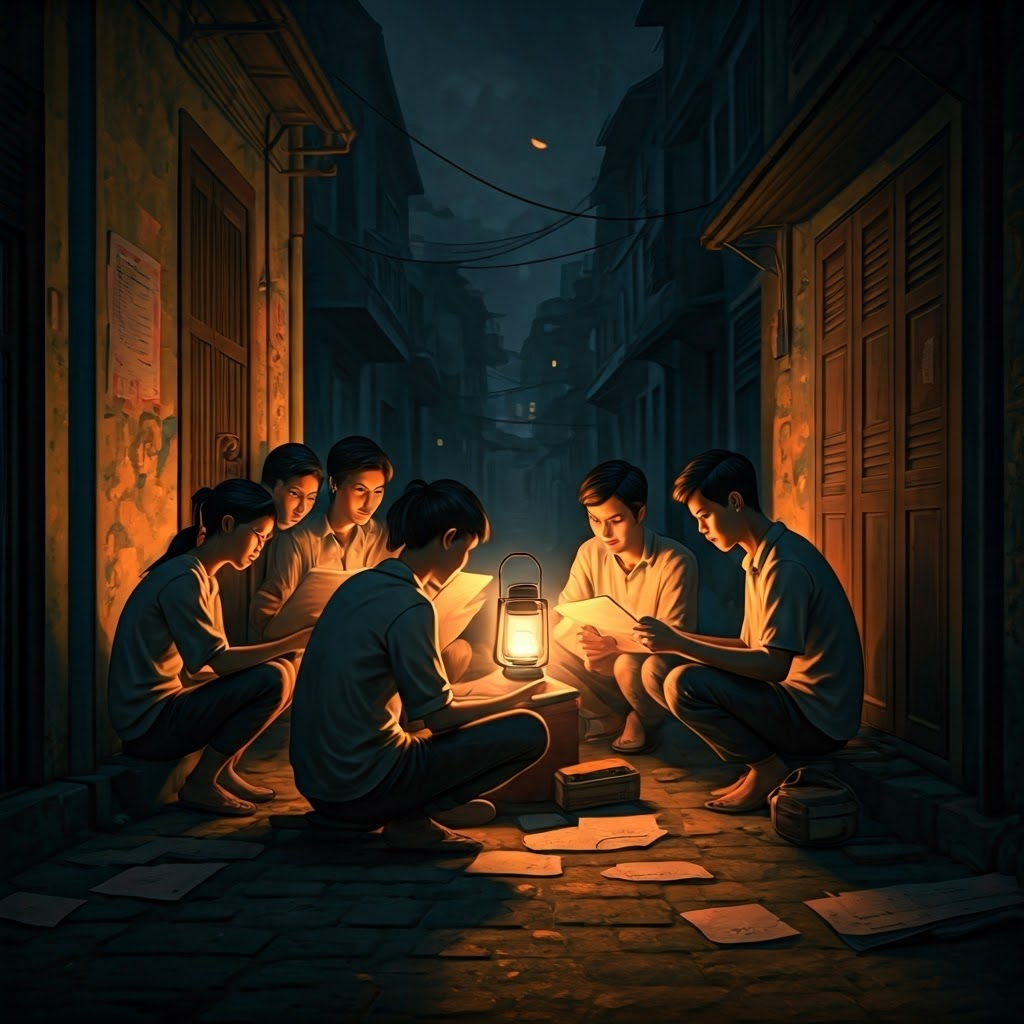 Vietnamese activists reading by lantern light in a narrow alley, notes scattered on a low table.