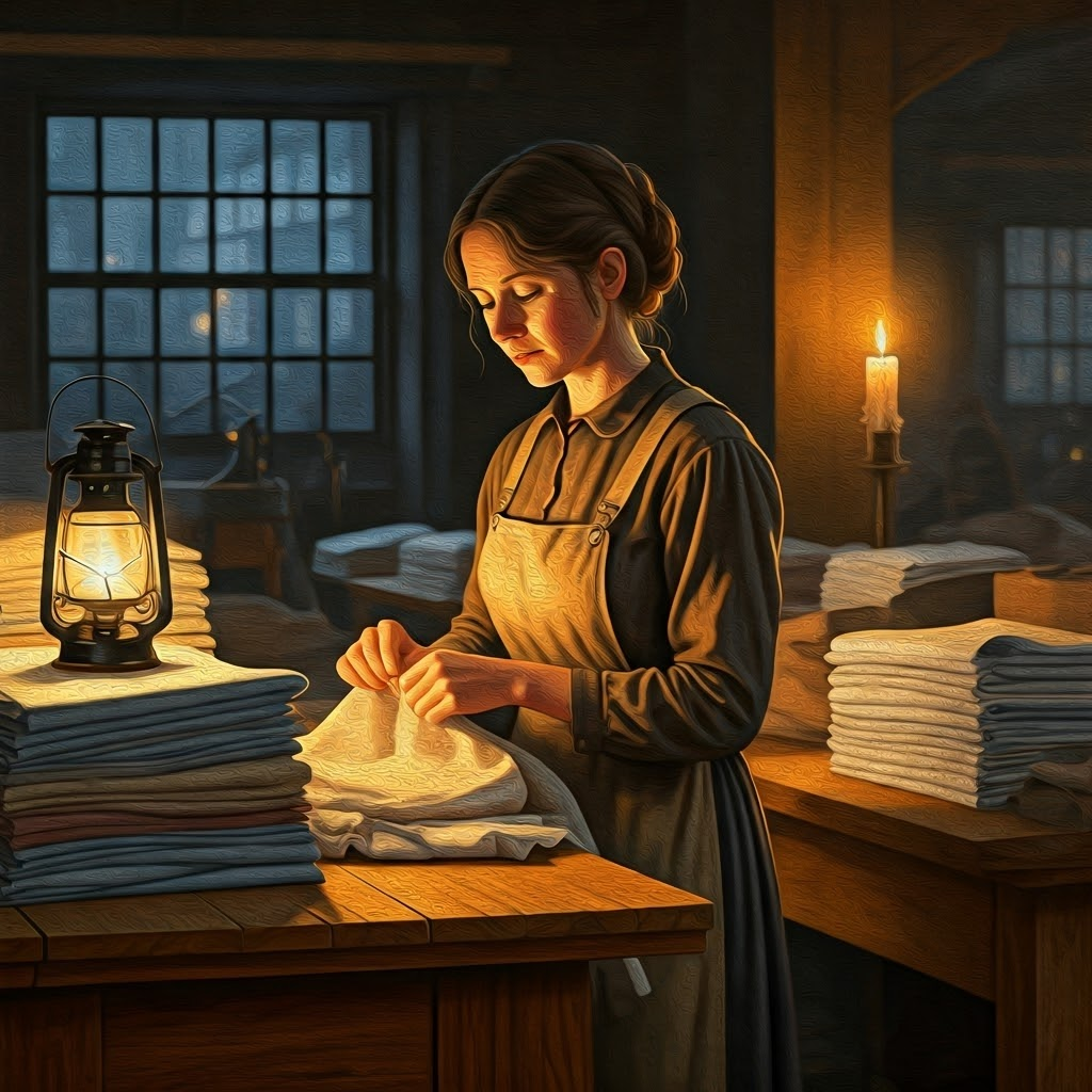 A weary 1840s working woman sewing shirts in a candlelit workshop, stacks of fabric around her, her face lit by a single lantern, wooden tables, rustic industrial Manchester backdrop, steam engines far in background seen through a small window, her threadbare dress and determined yet tired expression tell of hard labor, style: Romantic realism oil painting, warm earthy palette with soft gradients, heavy use of chiaroscuro to emphasize contrast between woman’s toil and dim surroundings