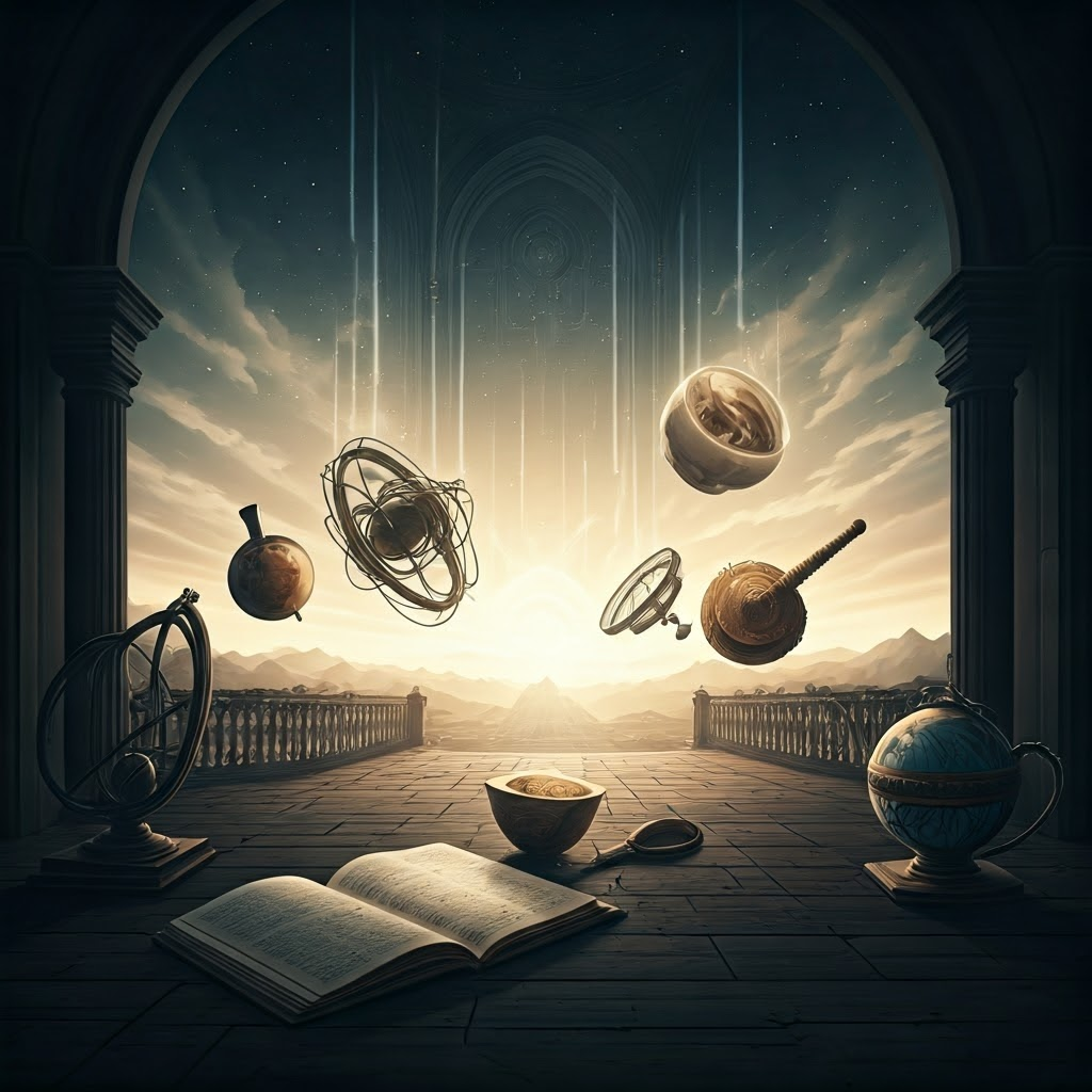 A blend of objects falling, celestial imagery, and ancient instruments, symbolizing discovery