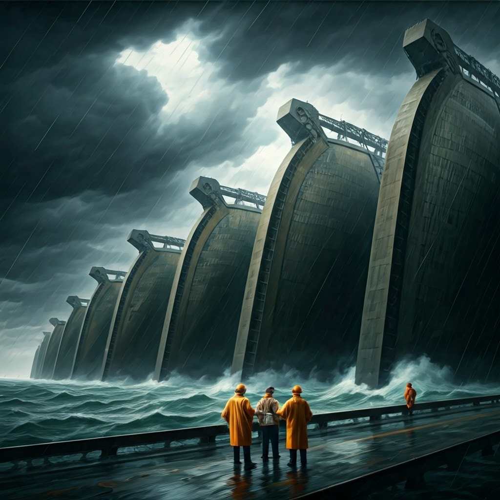 Maeslant Barrier closing during a storm, engineers oversee the massive sea gate in action.