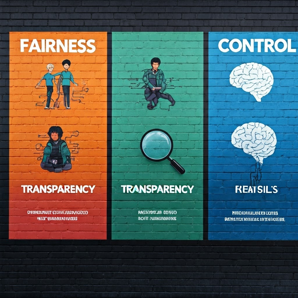 A graffiti-style mural shows panels for fairness, transparency, and human control over AI.
