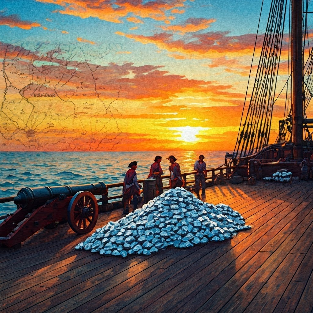 Deck glowing at sunset as soldiers load silver while cannons stand ready, Potosí marked on a distant map
