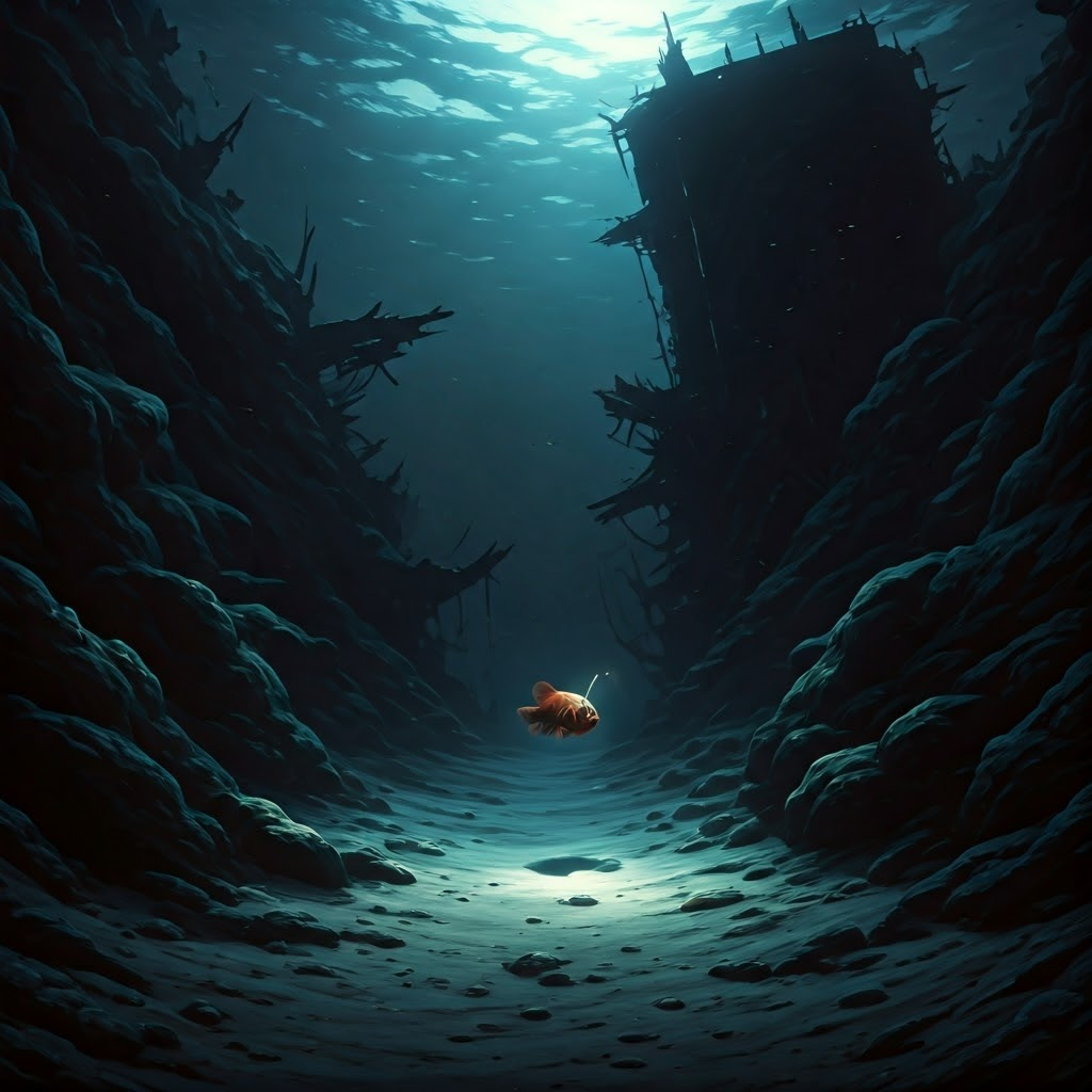 A lone anglerfish glows in the pitch-black midnight zone, highlighting life beyond sunlight.