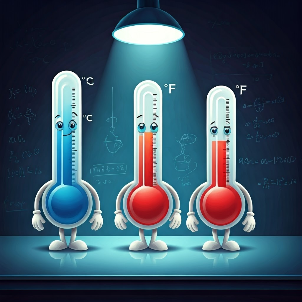 Three cartoon thermometers labeled Celsius, Fahrenheit, and Kelvin stand on a lab bench with floating symbols.