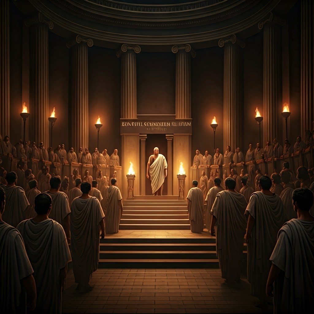 Nighttime Senate session announcing the Final Decree, showing crisis response