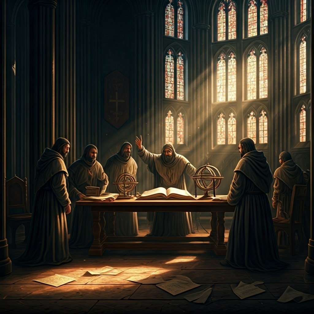 Scholars debate under cathedral arches, sunlight through stained glass highlighting tension between tradition and inquiry.