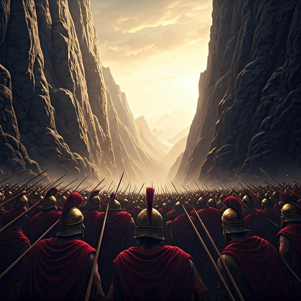 Three hundred Spartans guard a narrow pass, spears braced against towering cliffs.