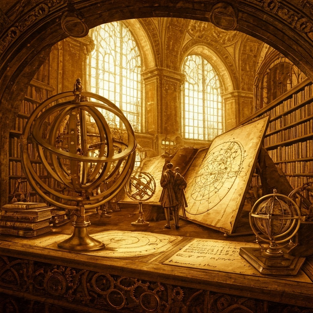 A grand library with mechanical elements and scholars using early scientific instruments. Steampunk details show a fusion of history and invention.
