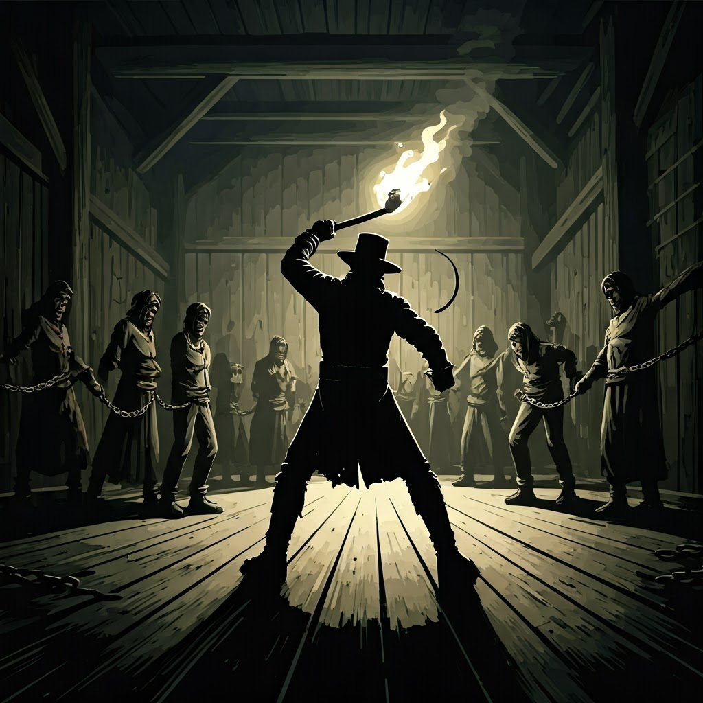 Overseer raising a whip over chained workers in torchlight, harsh shadows revealing the brutality of plantation rule.