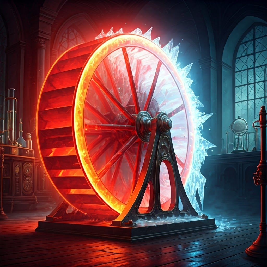 Imagined Carnot engine as a glowing heat waterwheel with red-hot steam on one side and icy blue condensation on the other