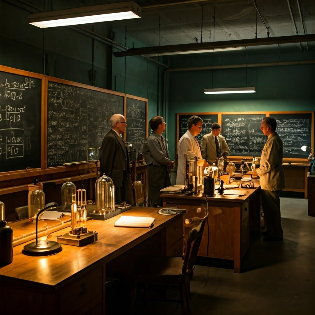 1940s Los Alamos laboratory where scientists study atomic equations under dim lights