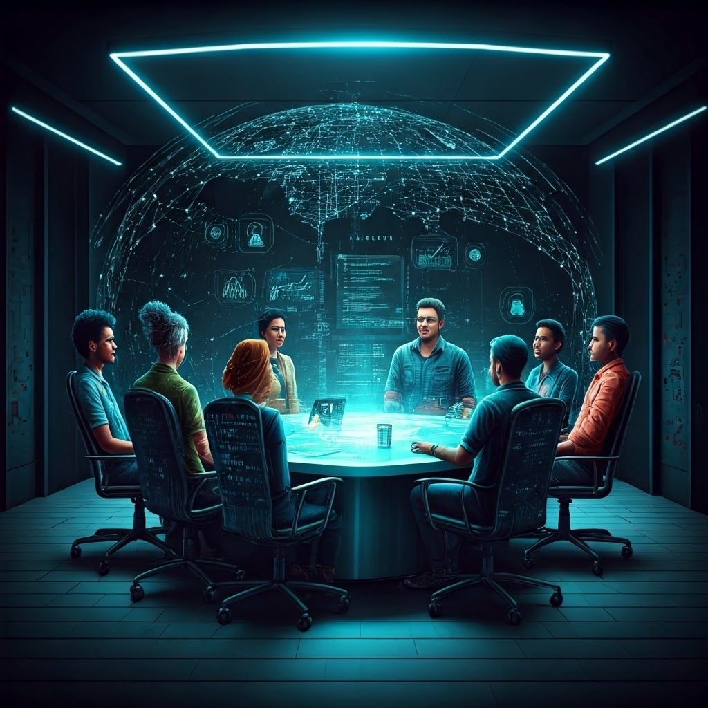 Illustration of a diverse virtual meeting in a neon-lit digital room symbolizing DAO collaboration and blockchain connectivity
