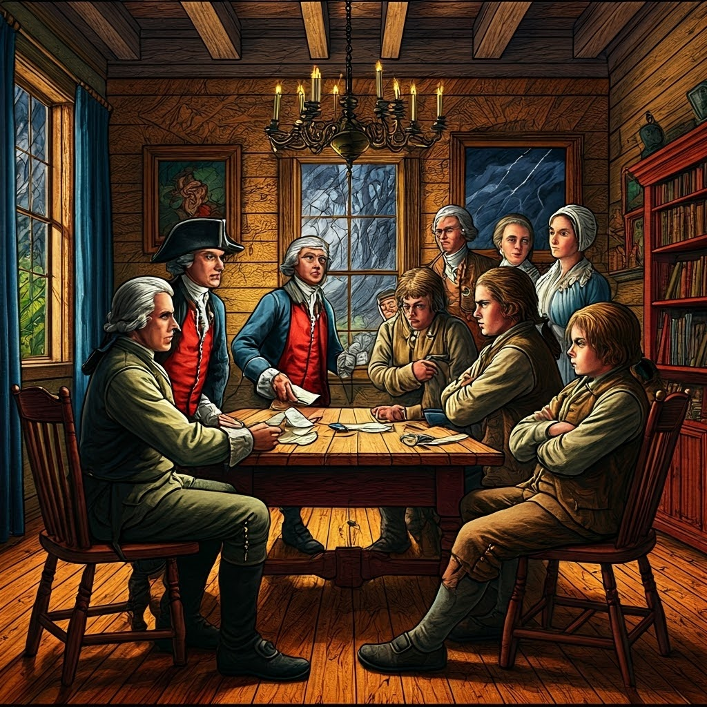 Colonial parlor divided between Loyalists and Patriots, showing tense family debate over British allegiance.