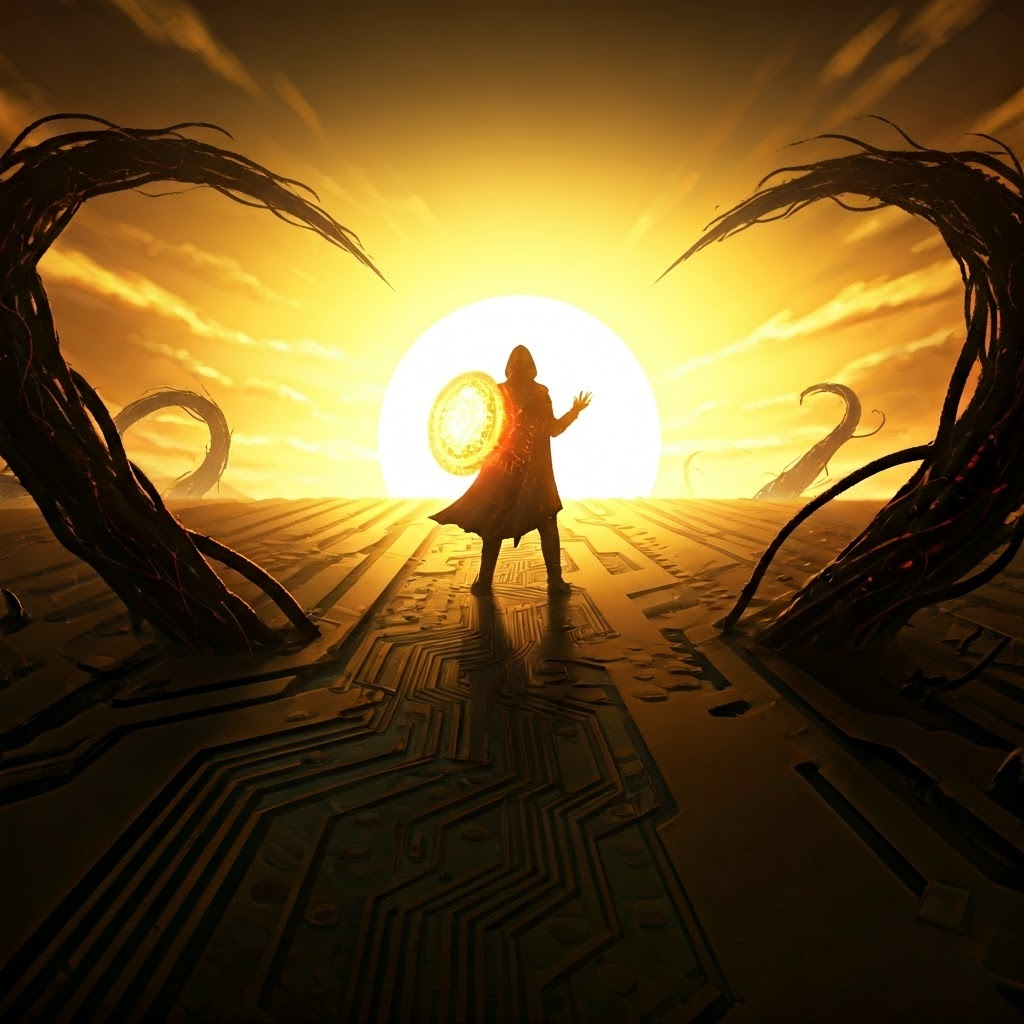 Hero with radiant shield repelling dark code on a circuit-board cliff at dawn