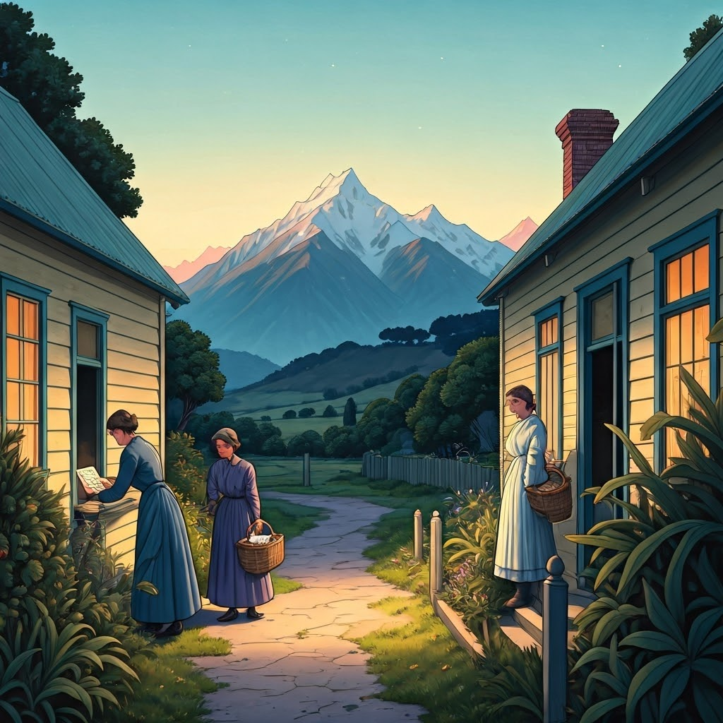 A serene New Zealand countryside scene at dusk, women campaigners gathering signatures at doorsteps of tidy cottages, baskets of pamphlets in hand, the Southern Alps faint in the background under a pastel sky, detailed foliage framing the scene, style: high-detail watercolor painting, delicate washes of color, soft edges, capturing rural determination and twilight atmosphere