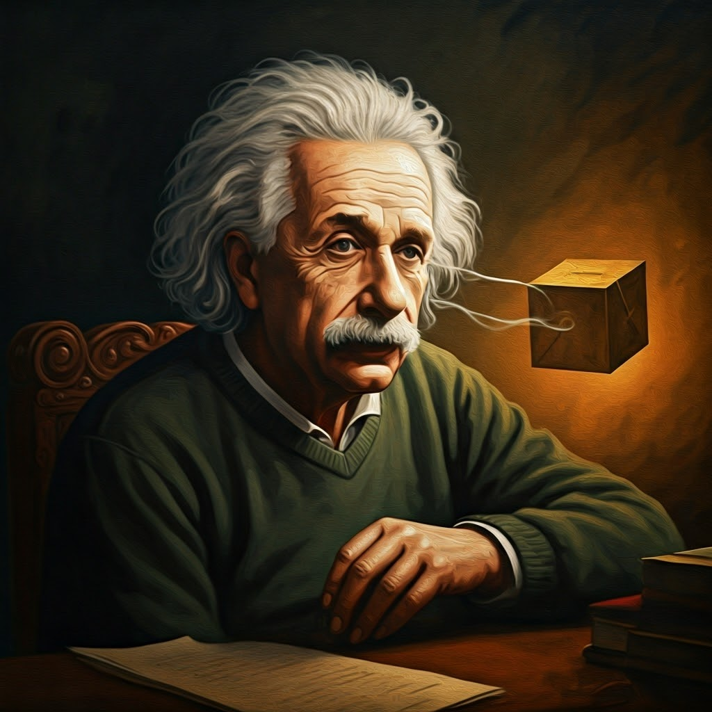 Oil-paint style portrait of Einstein in a dim study, bright strands of light stretching from his eyes toward a distant floating box, capturing his uneasy curiosity.