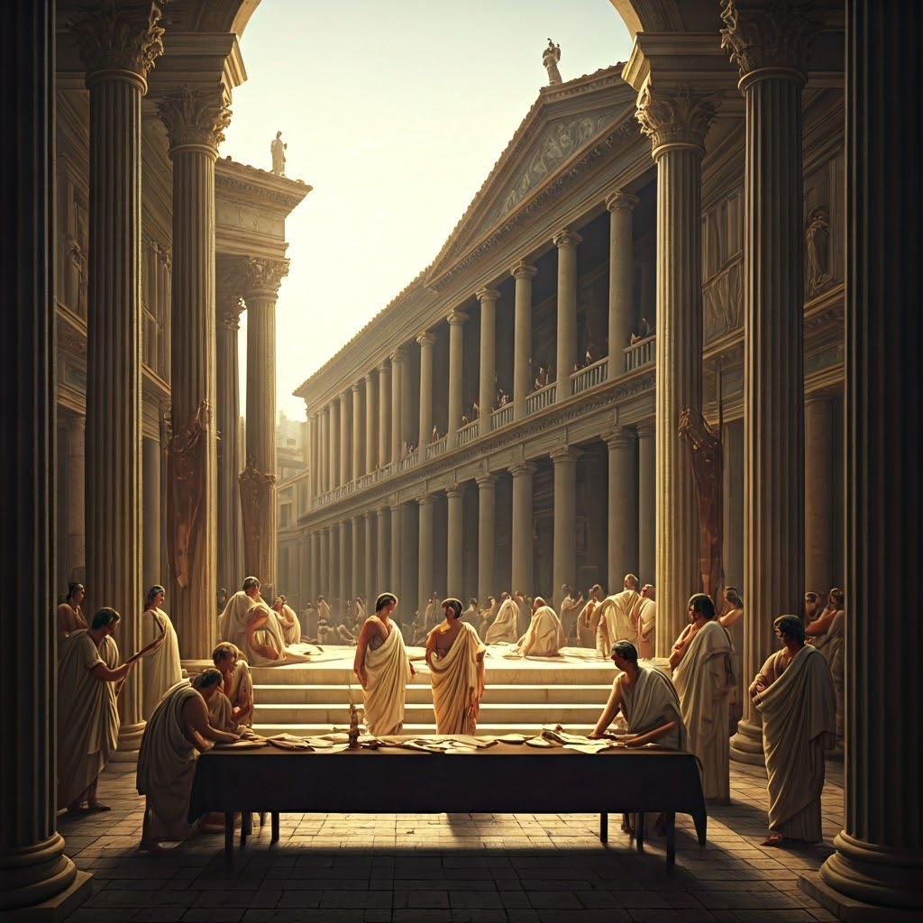 Ancient Roman forum at sunrise where citizens and senators gather around a podium, symbolizing shared governance