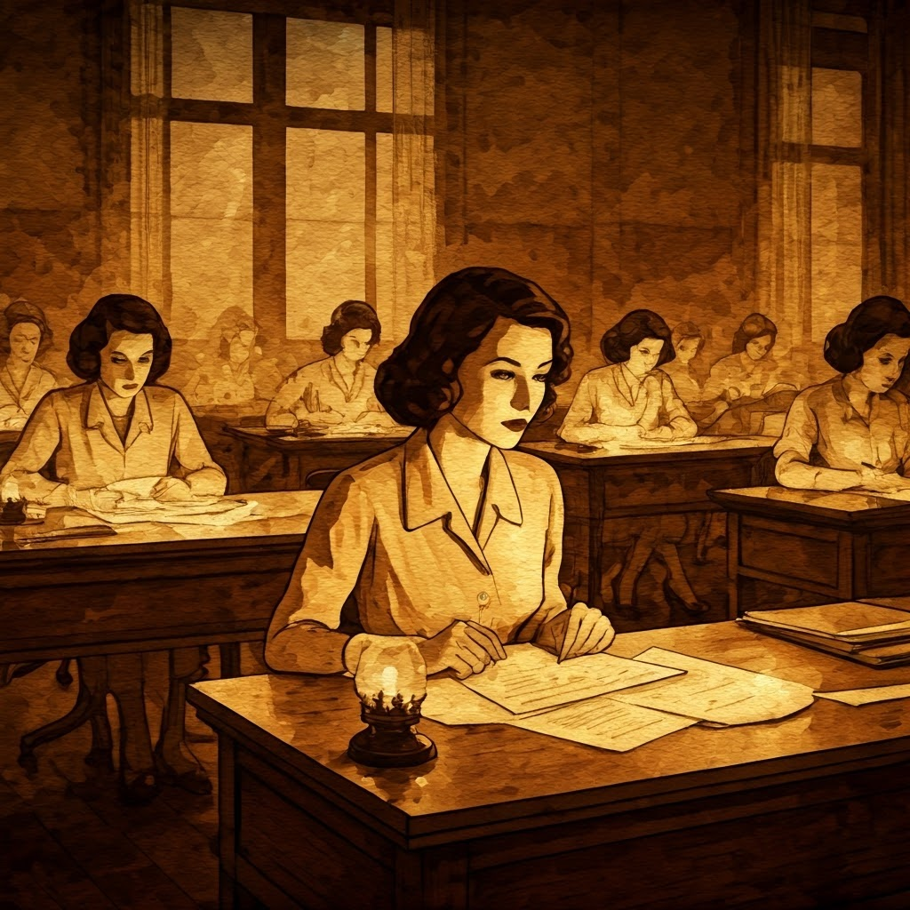 Women in a 1940s office focus on cipher sheets under warm lamplight, showing teamwork and determination in wartime codebreaking.