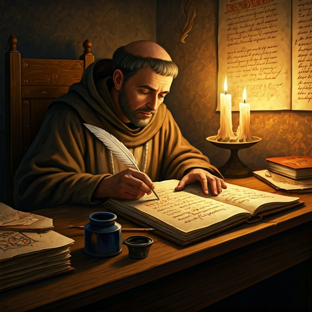Monk in dim scriptorium painstakingly copying pages by candlelight