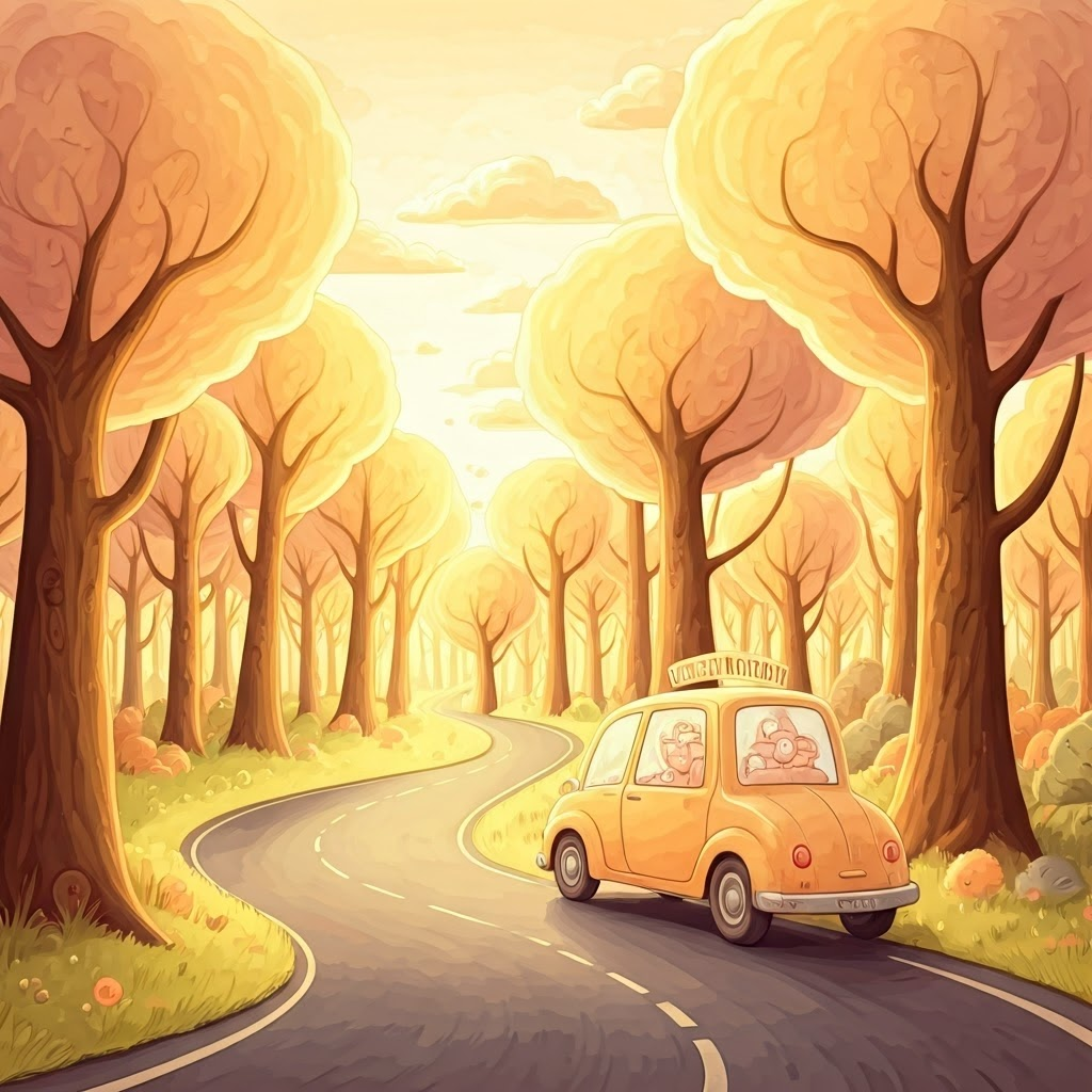 Storybook scene of a winding road through pastel question-mark trees, a car named ‘Next Idea’ cruising under warm sunlight.