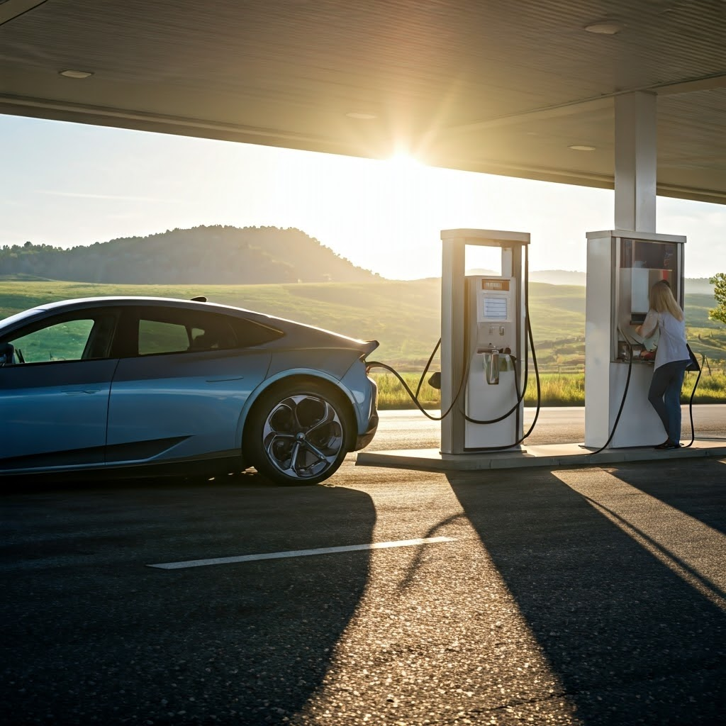 EV connected to a highway DC fast charger under bright sun, ideal for road-trip stops