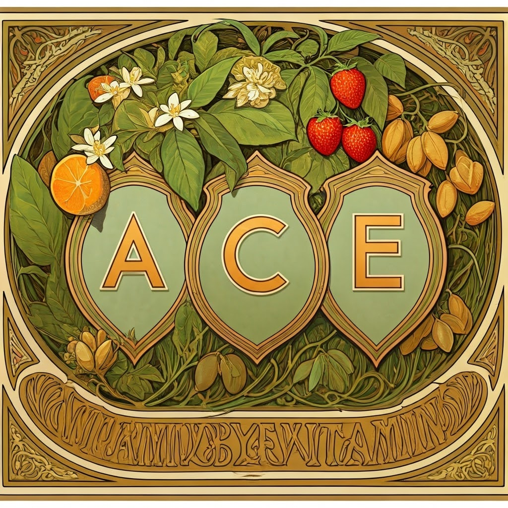 Art Nouveau-style poster with shields labeled A, C, and E amid orange blossoms, strawberries, and almond branches