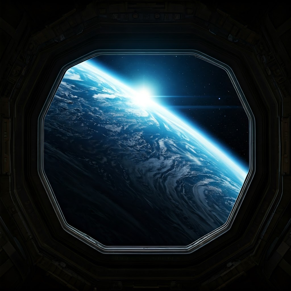 Earth hangs in the darkness of space, framed by a softly lit spacecraft hatch