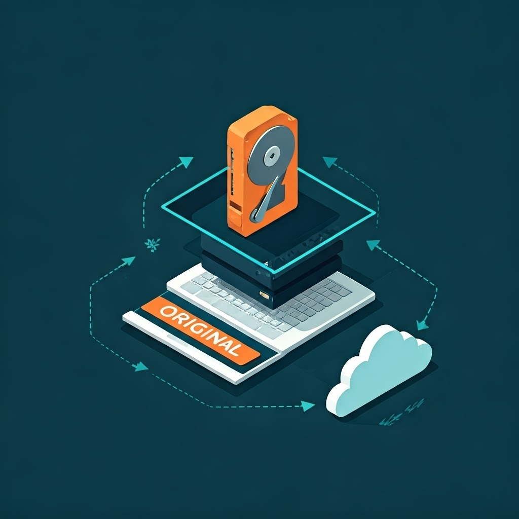 Isometric layers—a laptop, hard drive, and cloud—form a triangle that shows the 3-2-1 backup rule.