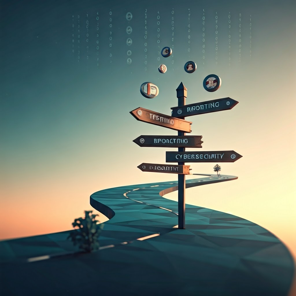 Abstract roadmap with signposts for testing, reporting, and liability, showing evolving regulations