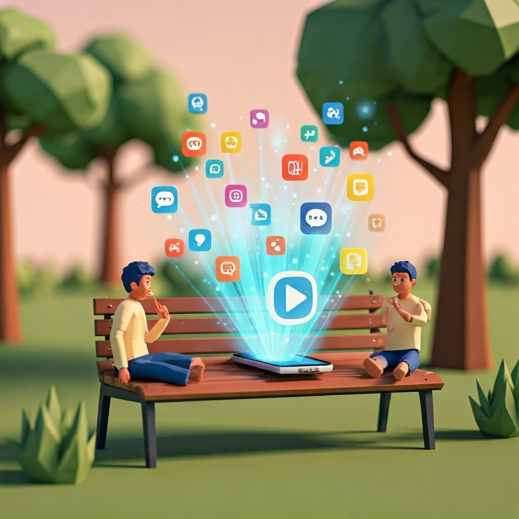 Park bench scene where a smartphone projects holographic app icons—messages, maps, payments—while two users interact happily.
