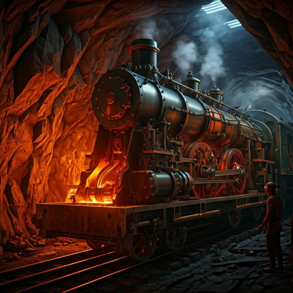 Cross-section of a steam engine deep in a mine, glowing furnace and polished pistons pumping while astonished miners watch