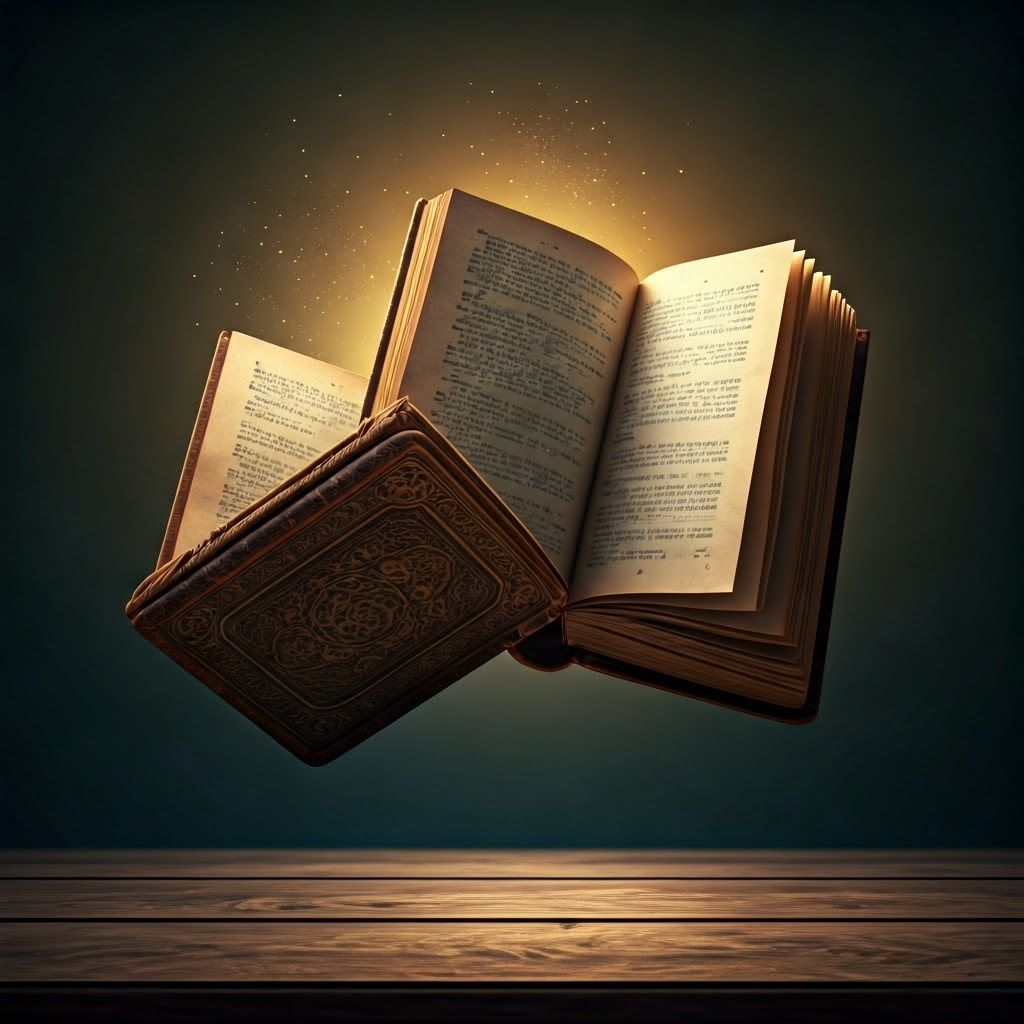 Floating antique books with glowing DNA-themed pages emphasizing genetic diversity