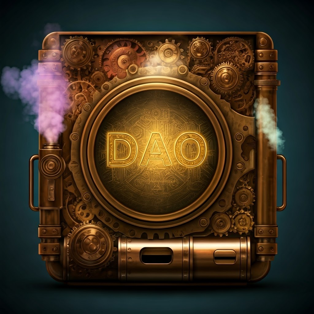 Steampunk-style vending machine analogy showing gears and a DAO label to illustrate automated rules
