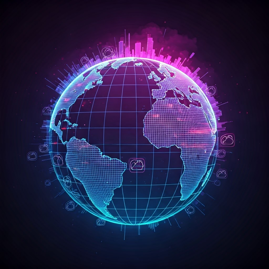 Cyberpunk artwork of Earth built from neon grid blocks displaying weather icons under a glowing purple sky.