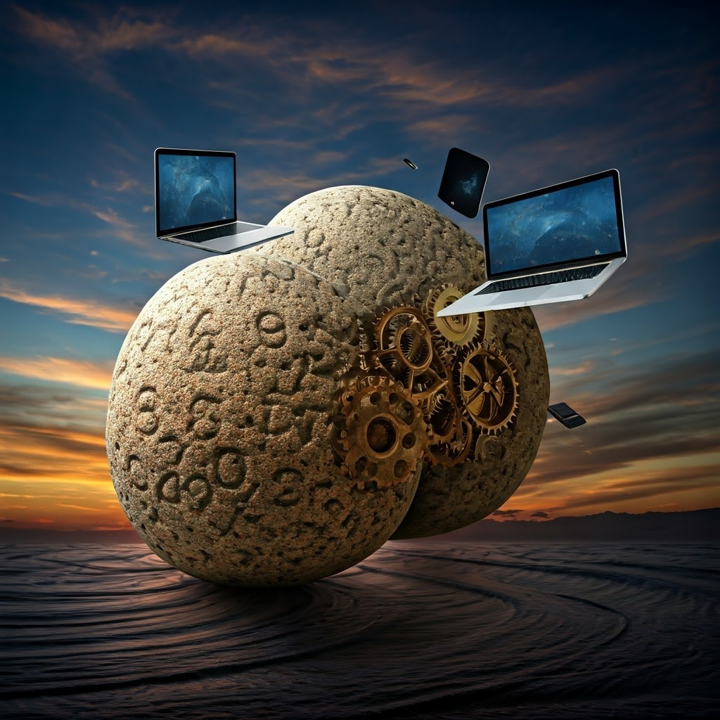 Surreal collage—counting stones transform into brass gears, then modern laptops against a twilight sky.
