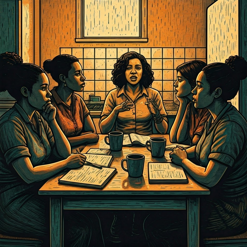 Diverse women sharing stories around a kitchen table, illustrating consciousness-raising sessions.