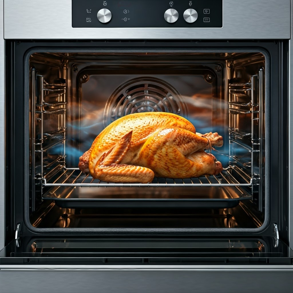 Cutaway oven view with swirling hot air around a roasting turkey
