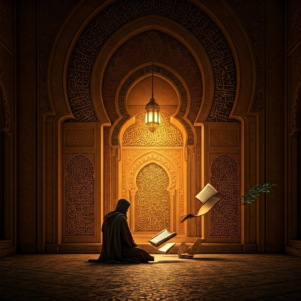 Scholar in a twilight mosque courtyard with floating books expressing Sharia’s aims of justice