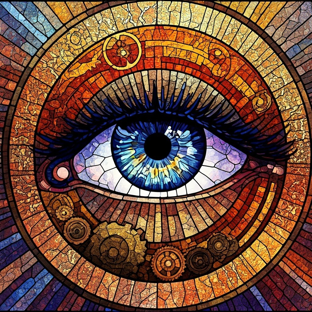 Radiant central eye surrounded by thunder, sunrise, and gears, symbolizing watchful curiosity and discovery