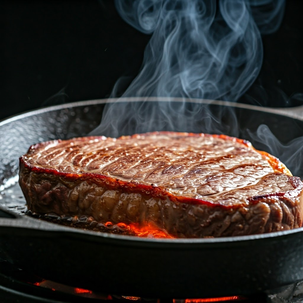 Macro view of a steak sizzling in cast-iron, highlighting surface heat transfer