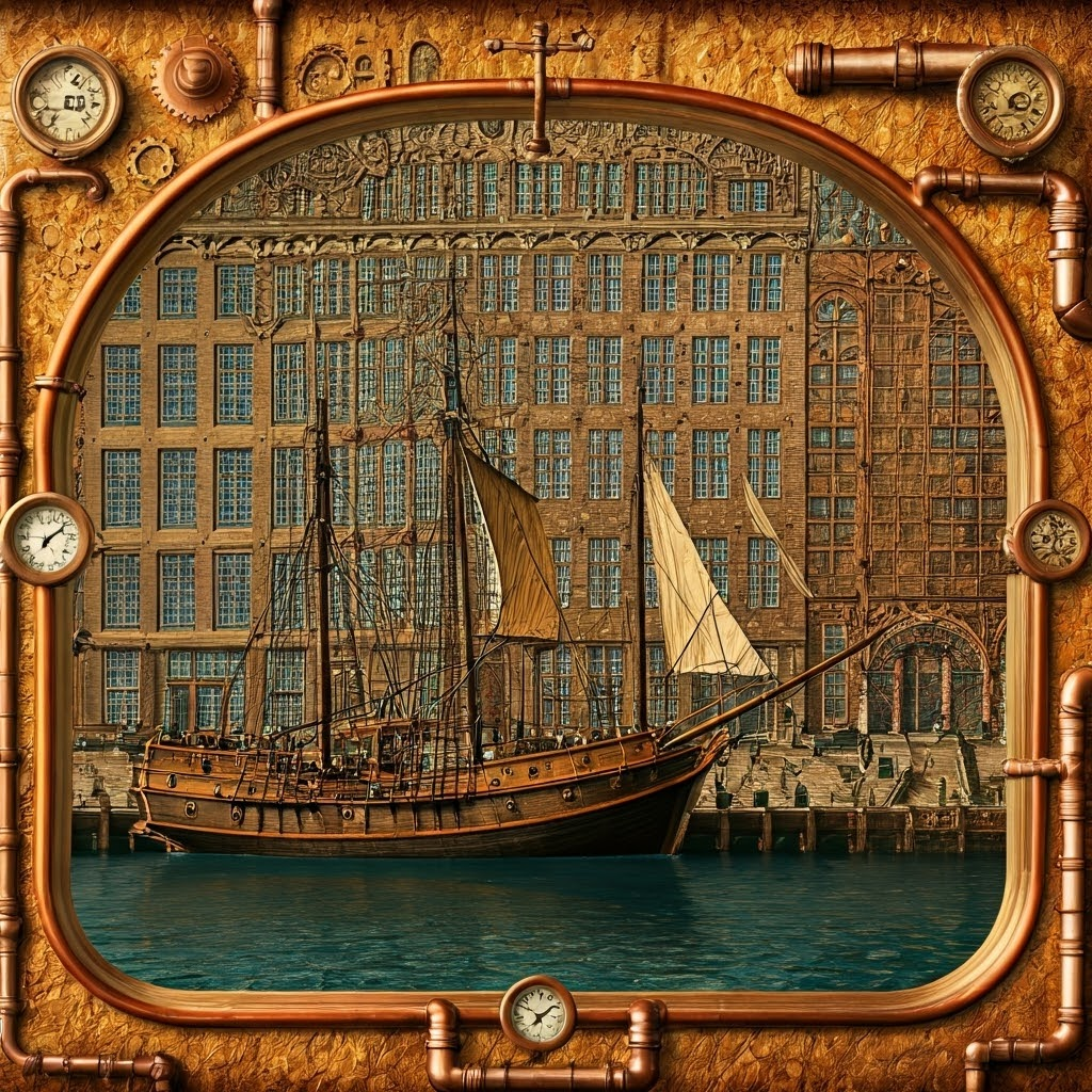 Steampunk-style VOC headquarters buzzing with agents, ledgers, and a fluyt unloading spices outside