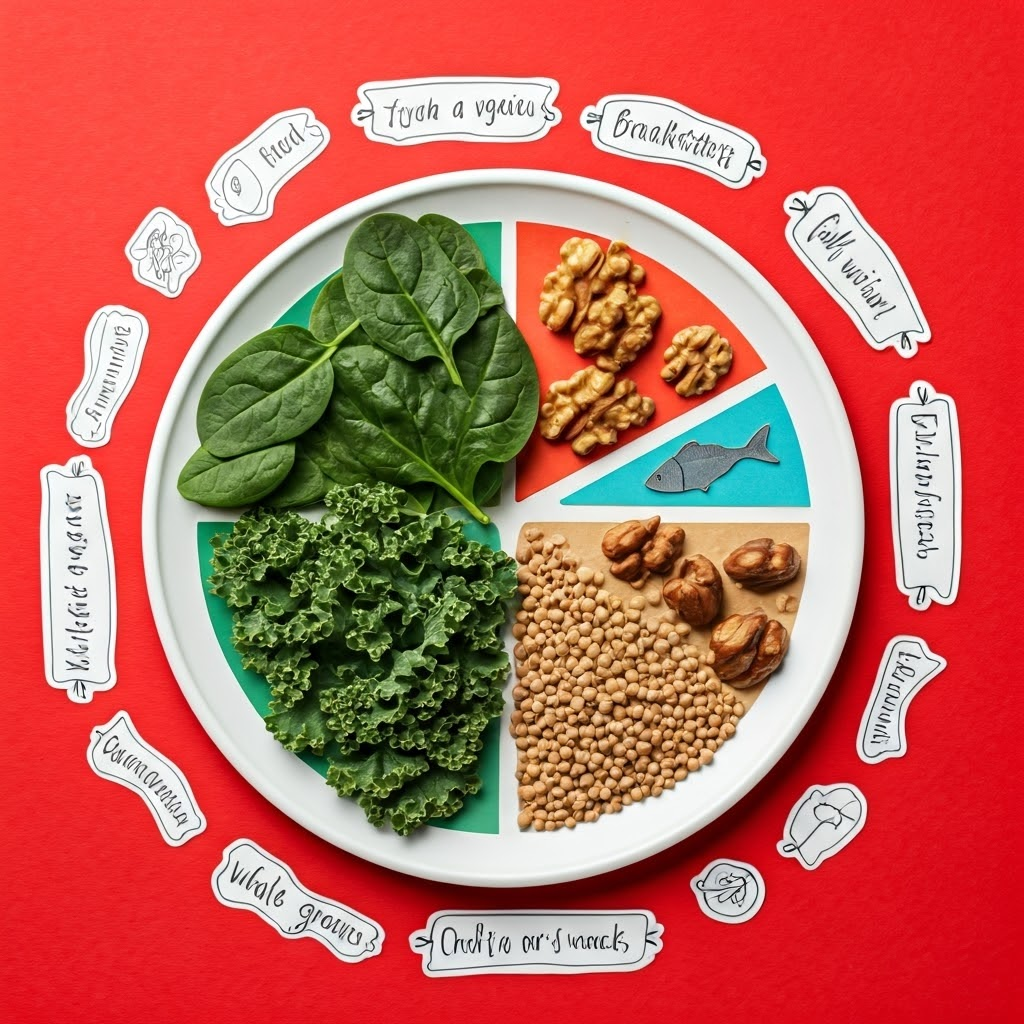 Paper collage plate showing leafy veggies, lean protein, whole grains, fish, and walnuts with reminder icons.